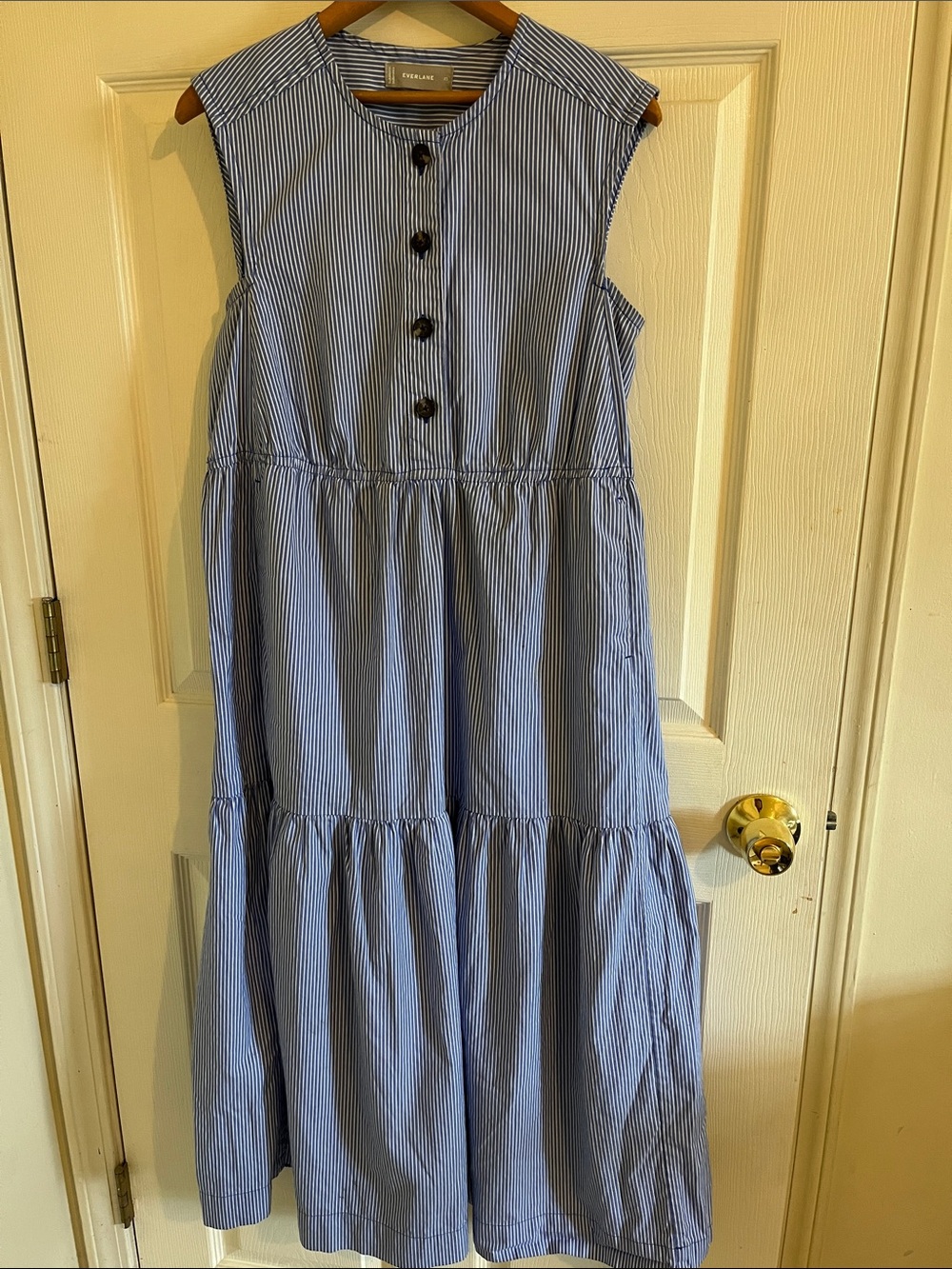 Everlane maxi Blue and White Pinstripe Sleeveless Tiered Dress
